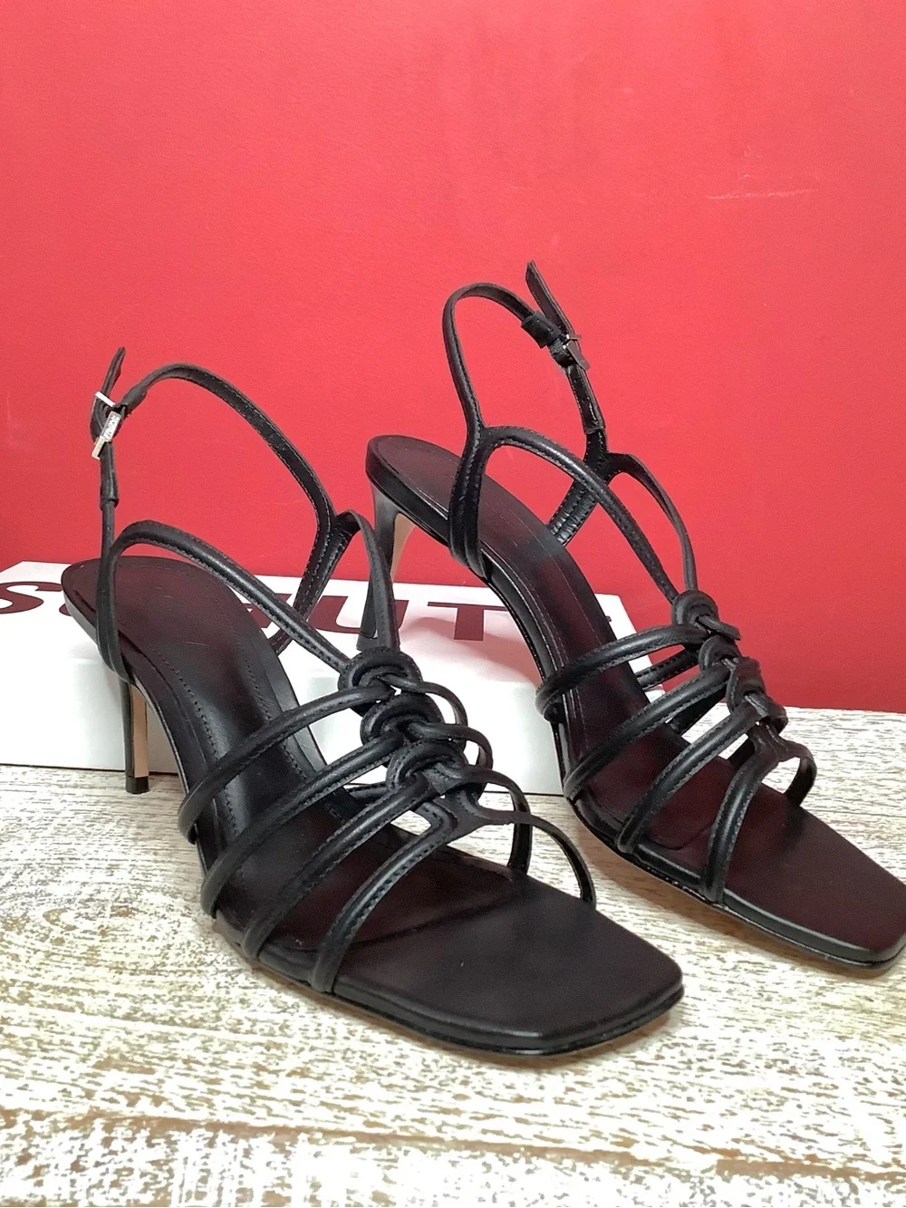 SCHUTZ Octavia Black Leather Knotted Strappy 3” Stiletto Sandals